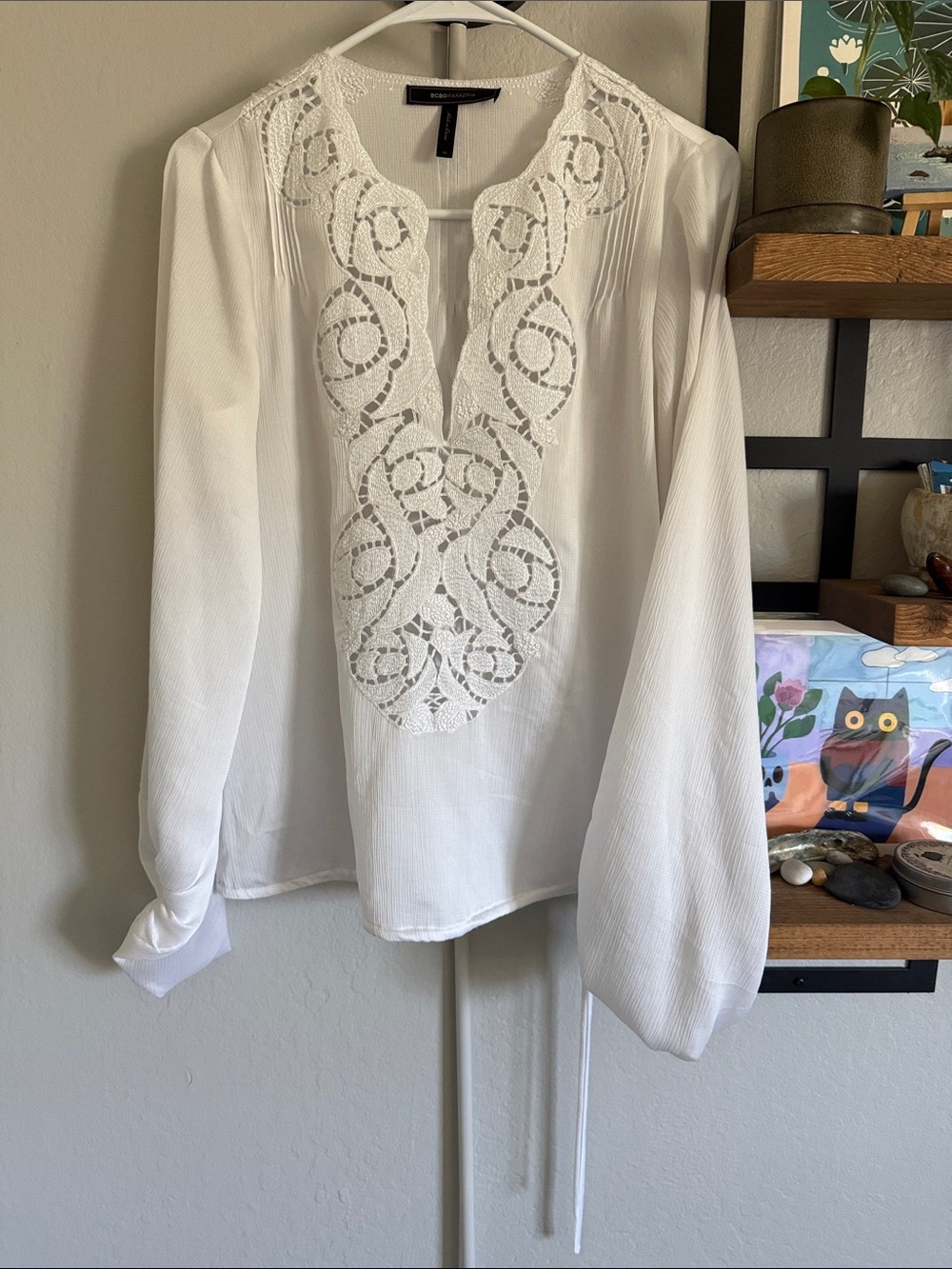 BCBGMaxAzria White Crochet-Front Long Sleeve Blouse